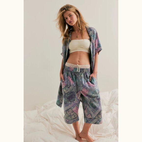 Free People Intimately Bedside Babe Slim Bermuda Shorts Printed Cotton L 283107 - Picture 1 of 8